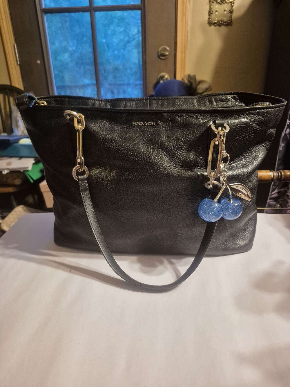 Coach Black Leather Tote with Blue Cherry Charm EUC